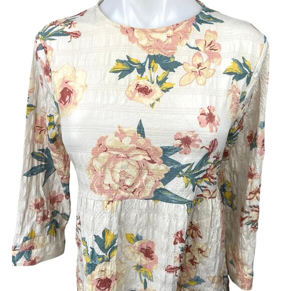 Zara Multicolor Floral Textured 3/4 Sleeve Tiered Flounce Hem Mini Shift Dress M - Picture 11 of 16